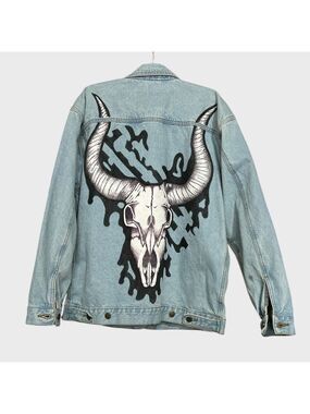 96 Vintage 80s Cobra Hand Painted Denim Jacket Blue Jean Skull SouthWestern Punk